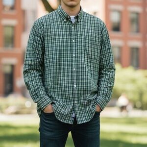 Eddie Bauer Men's Green And Navy Checkered Button Down Shirt, XL Tall/Ultra Long